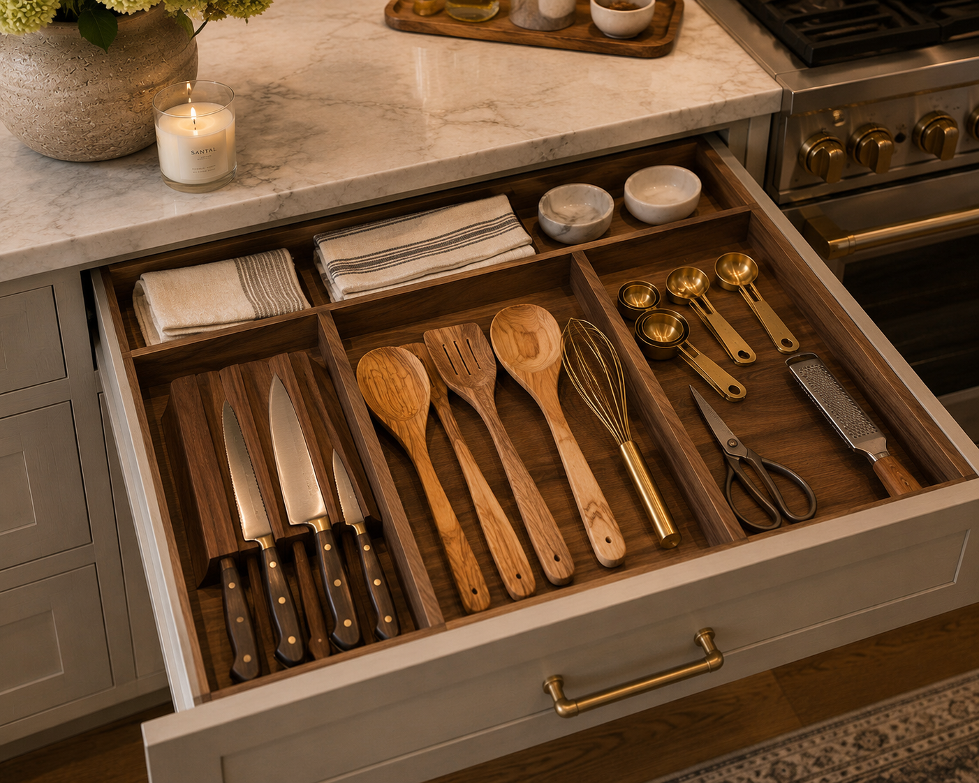 Open kitchen drawer with custom wooden dividers organizing knives, wooden cooking utensils, measuring spoons, and kitchen…