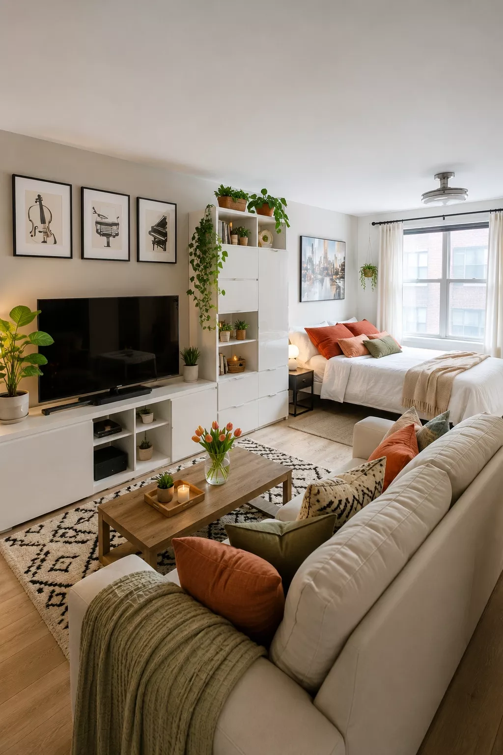 Studio apartment with a living area featuring a white sofa, coffee table, and TV unit, separated from a bed by a tall white…