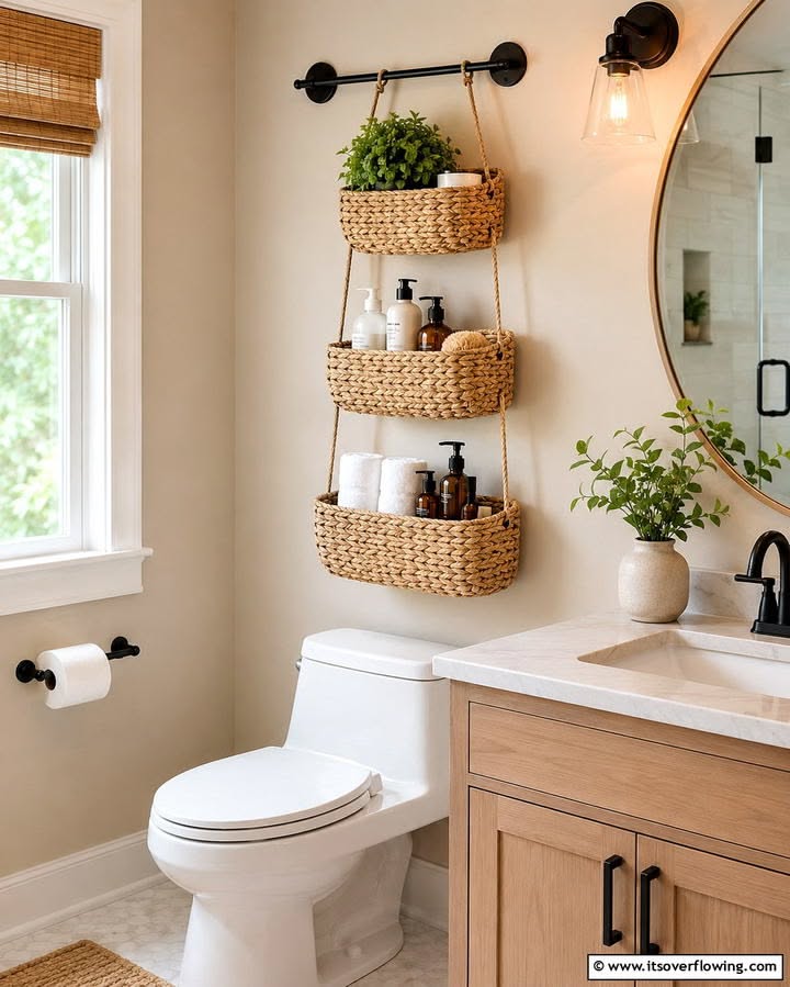 Three woven hanging baskets on a wall above a white toilet, holding toiletries, rolled towels, and a small plant.