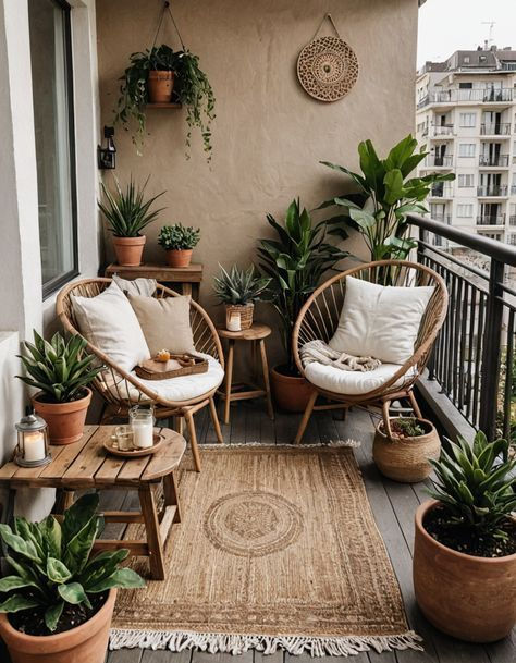 A cozy small balcony with two rattan chairs, a jute rug, and many potted plants on tables and hanging.