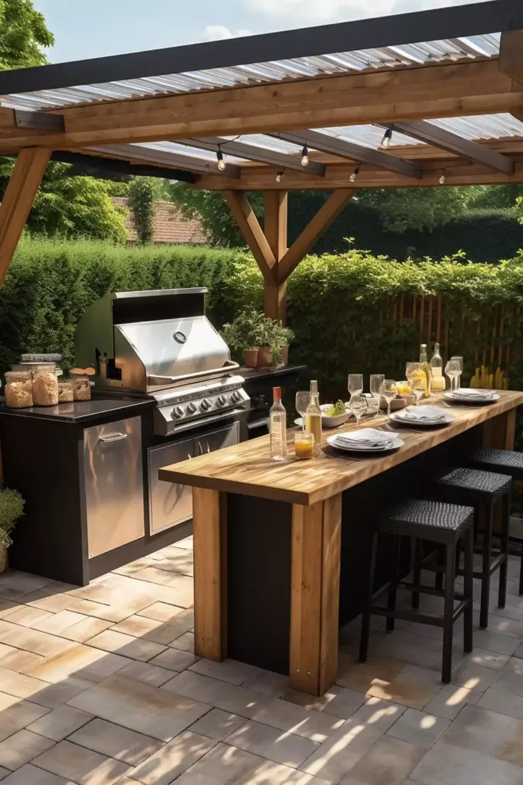 Outdoor kitchen with a grill, counter space, and an attached wooden bar table with three stools under a pergola.