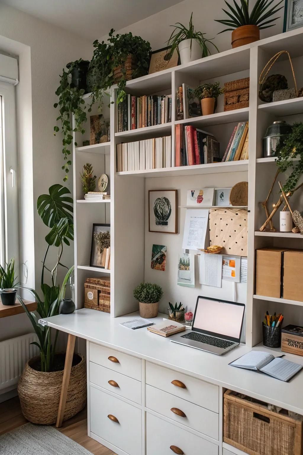 White built-in desk with multiple drawers, shelving, a laptop, and potted plants in a home office.