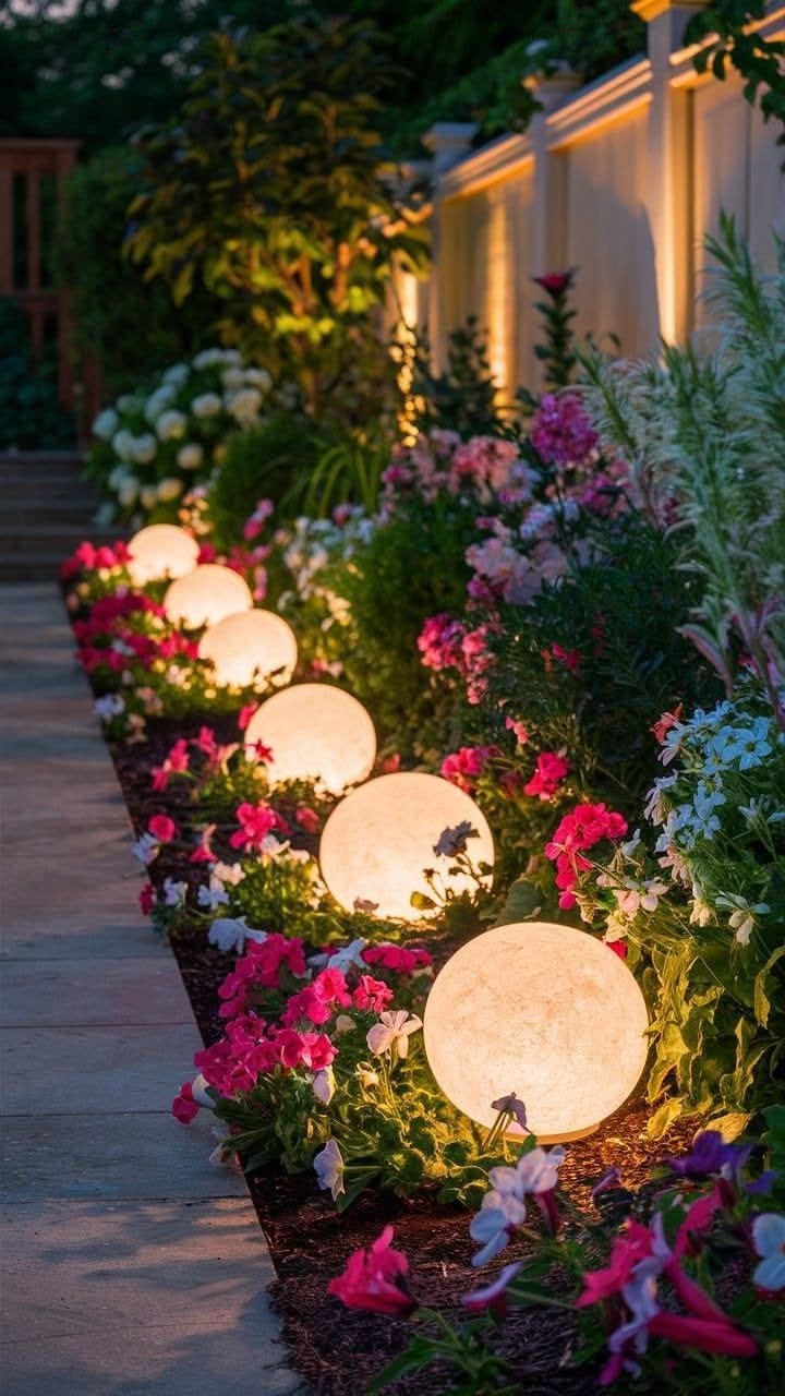 A row of spherical, glowing lights nestled among colorful flowers along a garden path at night.