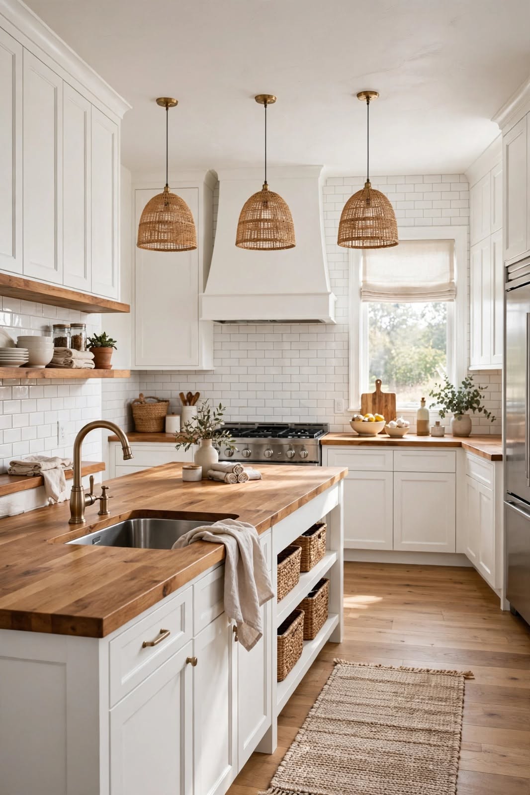 Farmhouse kitchen with white cabinets, wood countertops, and woven pendant lights over a central island.