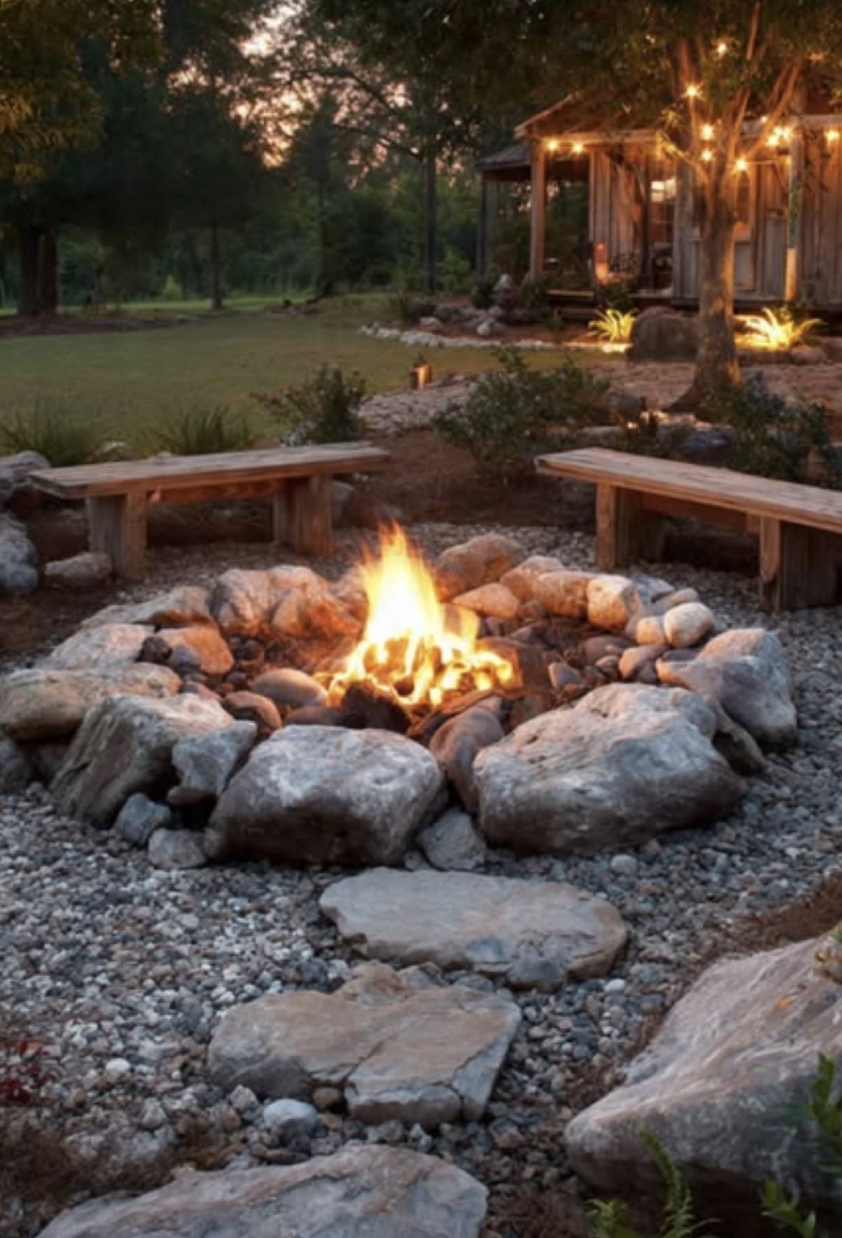 Outdoor fire pit made of large rocks with a fire burning, surrounded by gravel and two wooden benches.