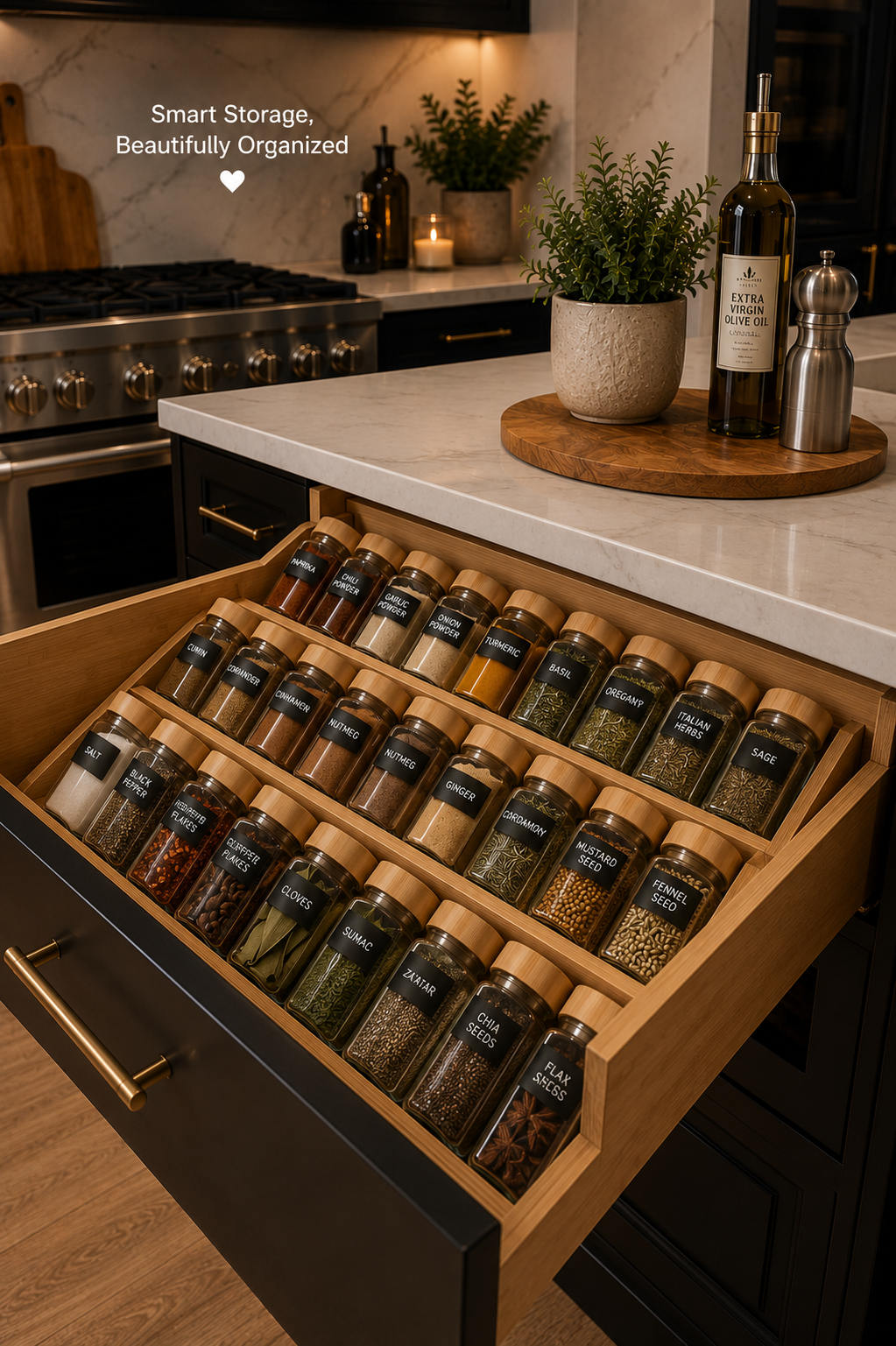 An open kitchen drawer containing multiple rows of neatly arranged spice jars with labels, set in a slanted wooden organizer.