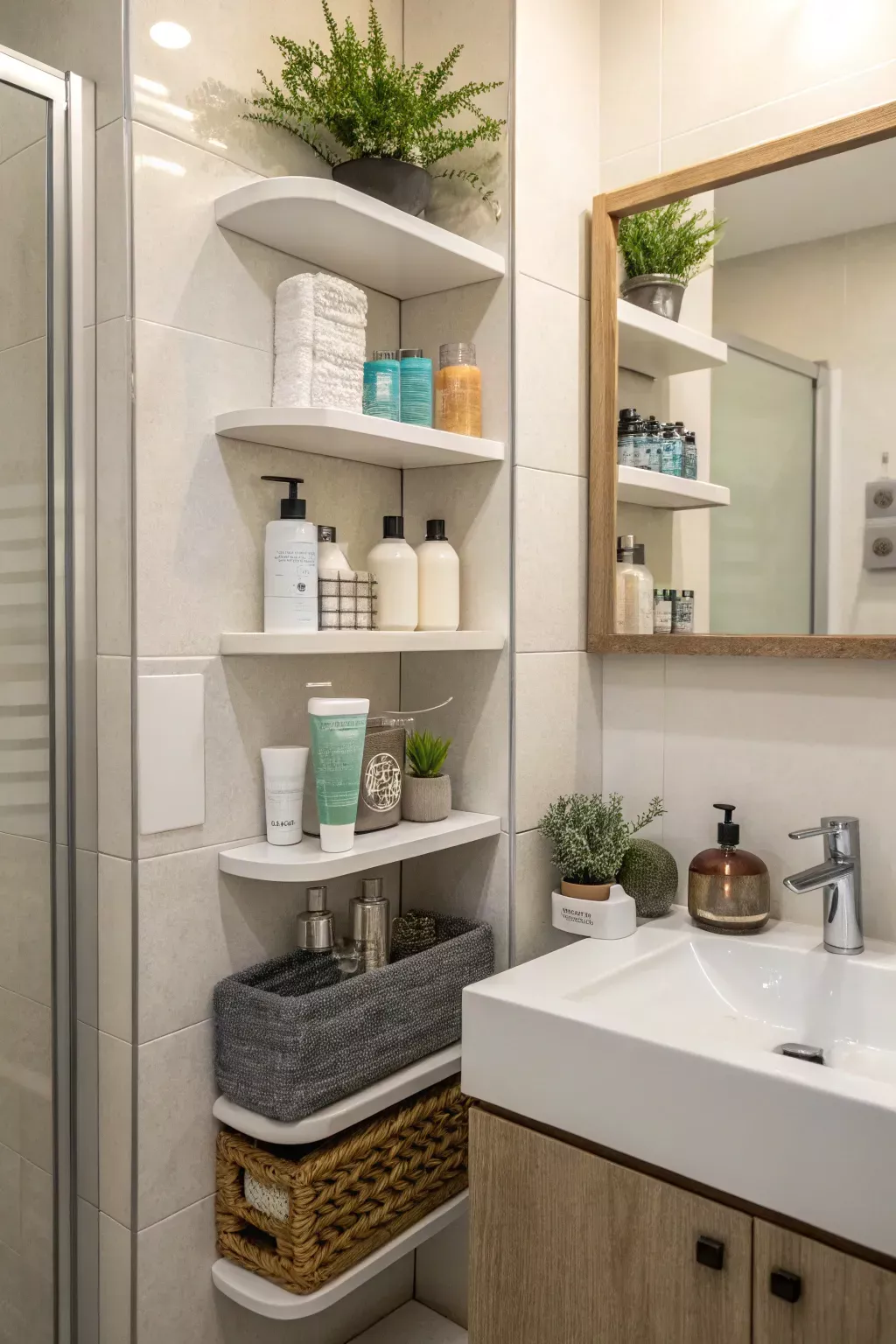 White curved corner shelves filled with toiletries, folded towels, and small plants in a bathroom.