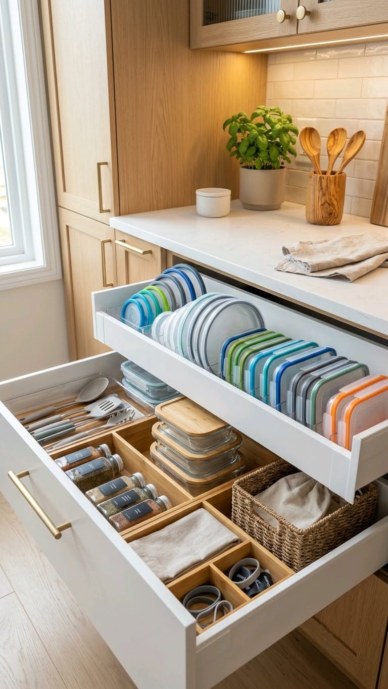 Open kitchen drawers, one showing container lids organized vertically with dividers, another with spices, utensils, and…