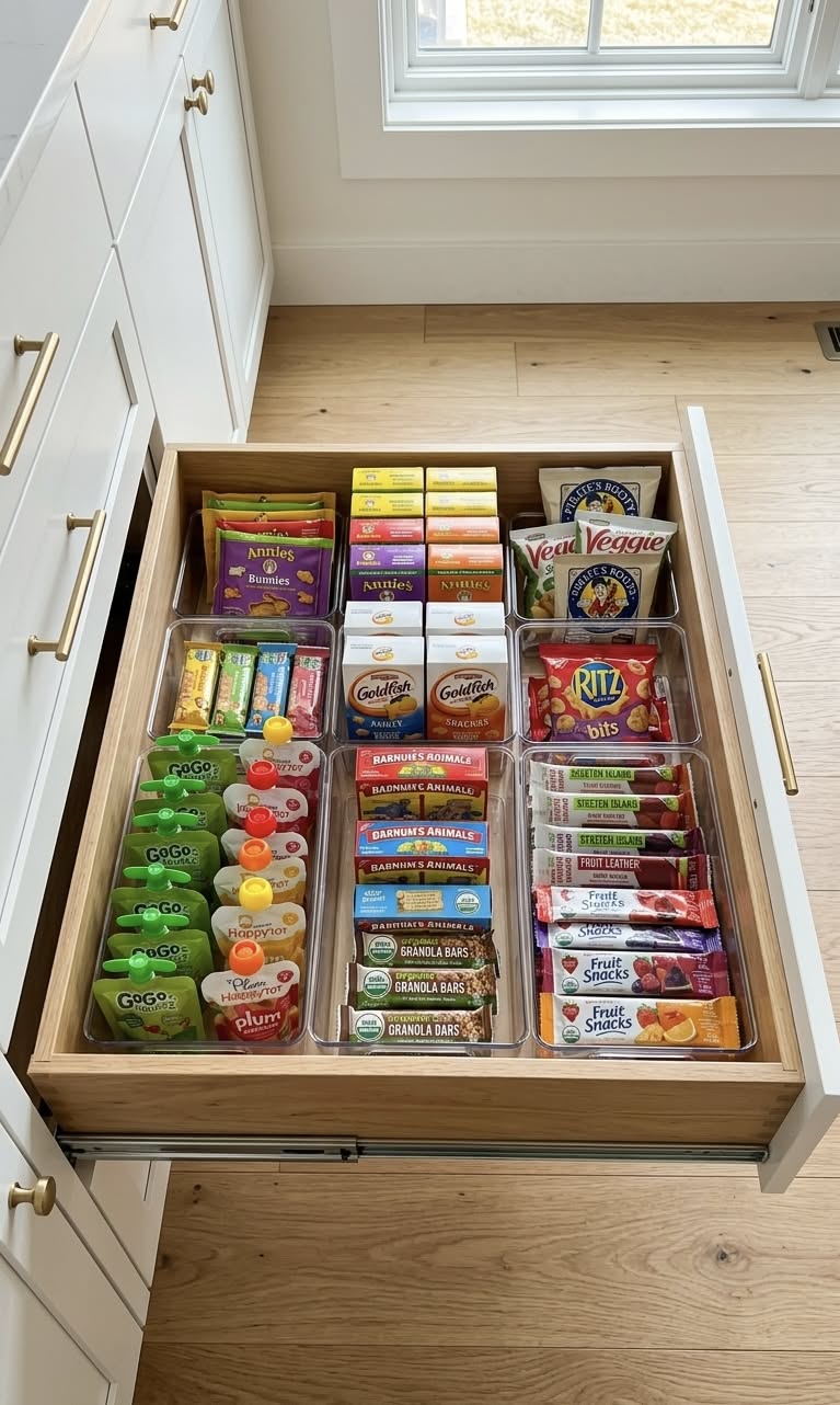 An open kitchen drawer filled with various pre-packaged snacks sorted into clear plastic organizers.