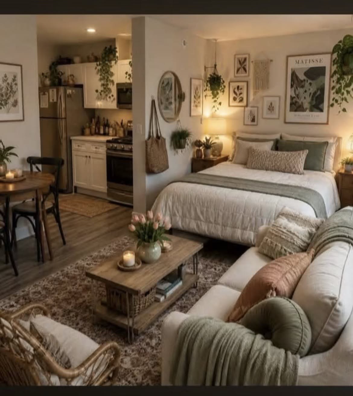 View of a studio apartment with a bed, sofa, coffee table, and small dining area, next to a compact kitchen.