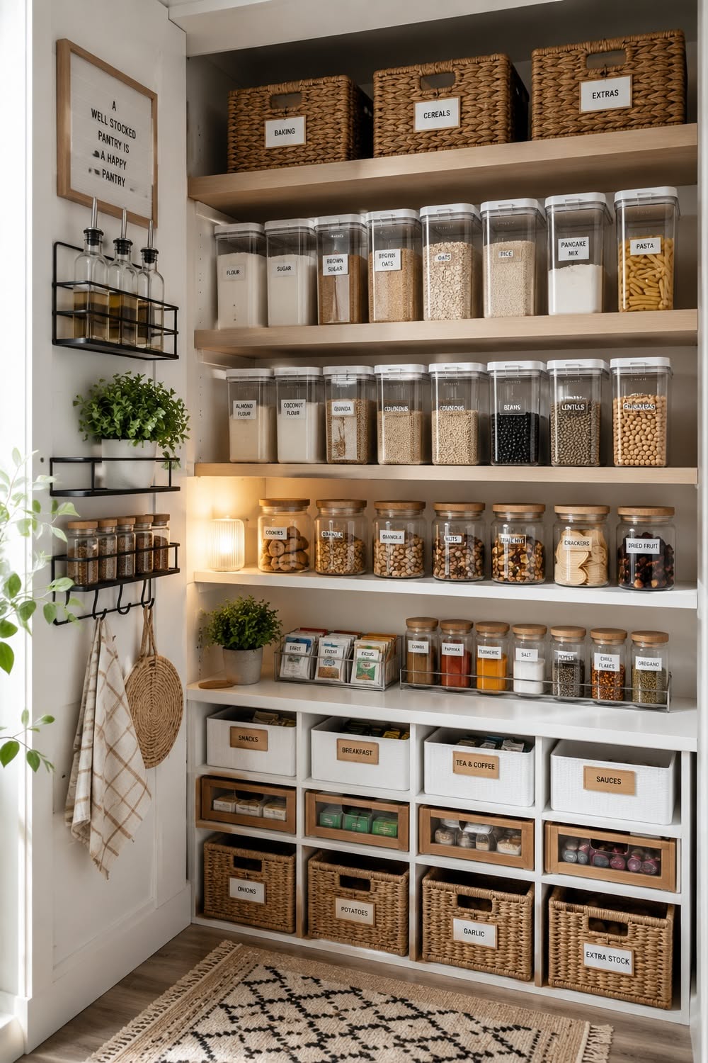 Organized pantry shelves with labeled clear plastic containers for dry goods, glass jars for snacks, and woven baskets.