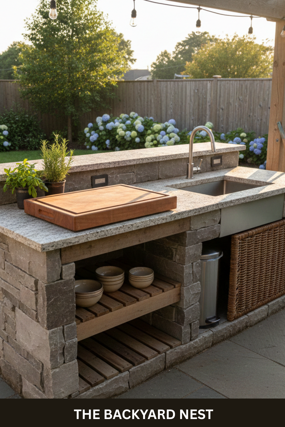 Outdoor kitchen island with a stone base, granite countertop, built-in sink, wooden cutting board, and open shelving