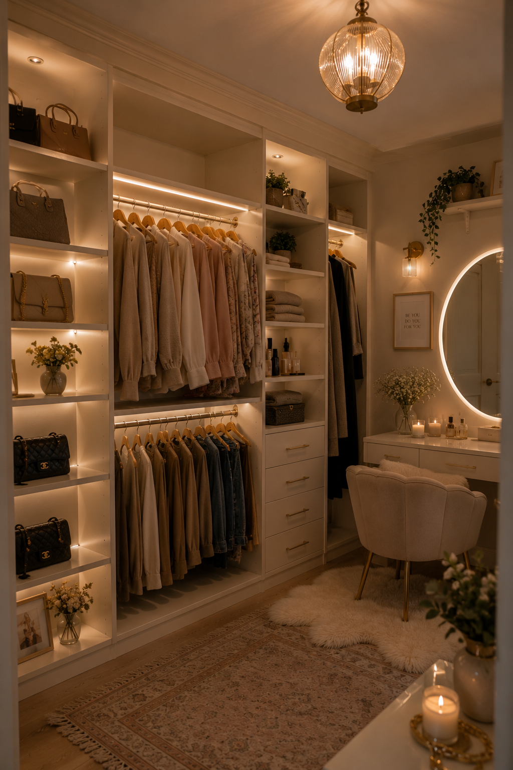 Brightly lit walk-in closet with shelves, hanging clothes, handbags, and a vanity with a round mirror.