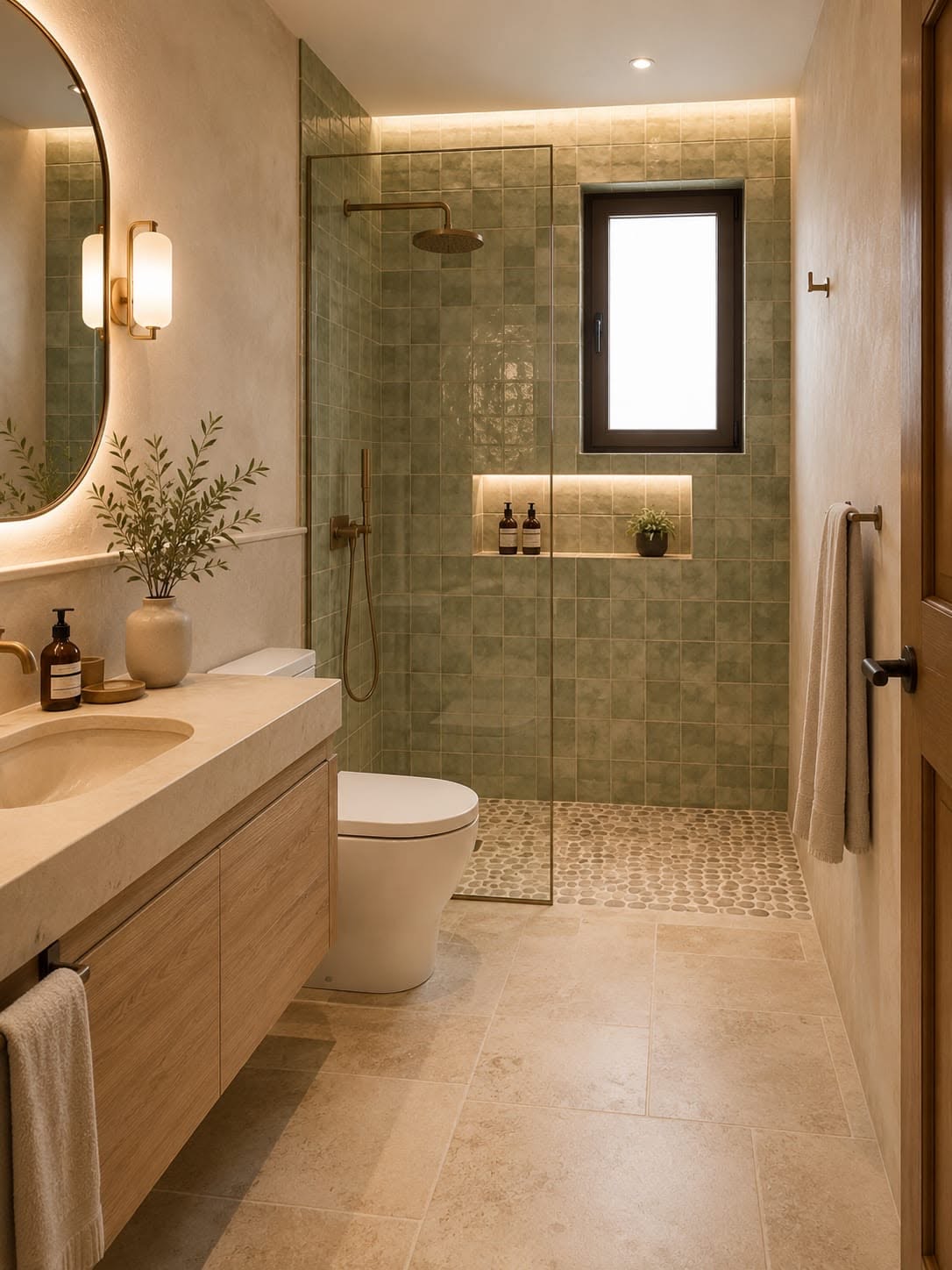A modern bathroom features a wood vanity, an oval mirror with backlighting, a shower with green subway tiles and a pebbled…