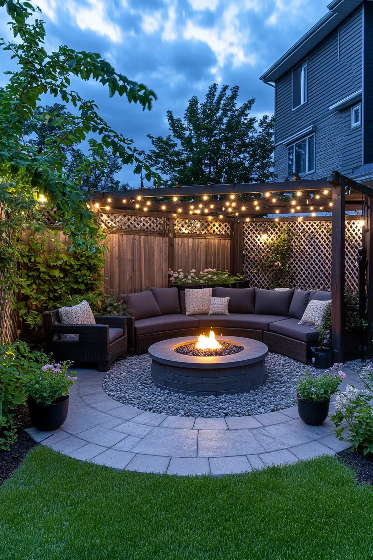 Backyard patio at dusk with a round fire pit surrounded by a curved sectional sofa and an armchair, under string lights.