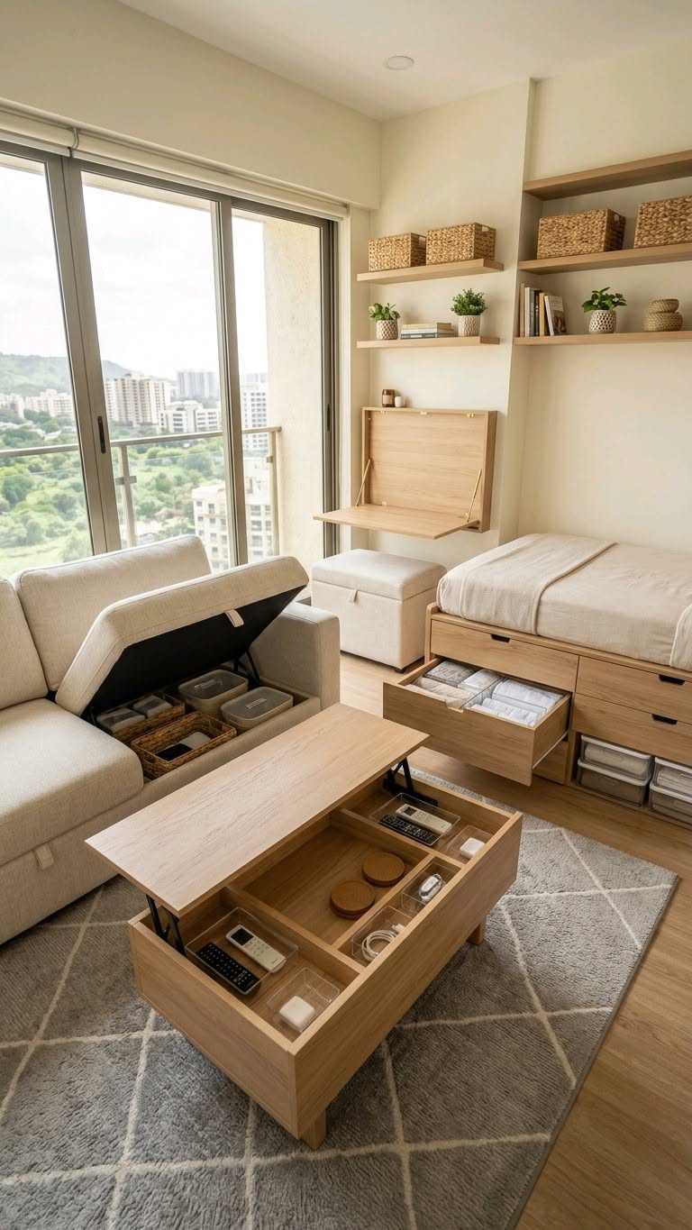 Living room with light wood and cream furniture, including a storage sofa, lift-top coffee table, wall desk, and storage bed.