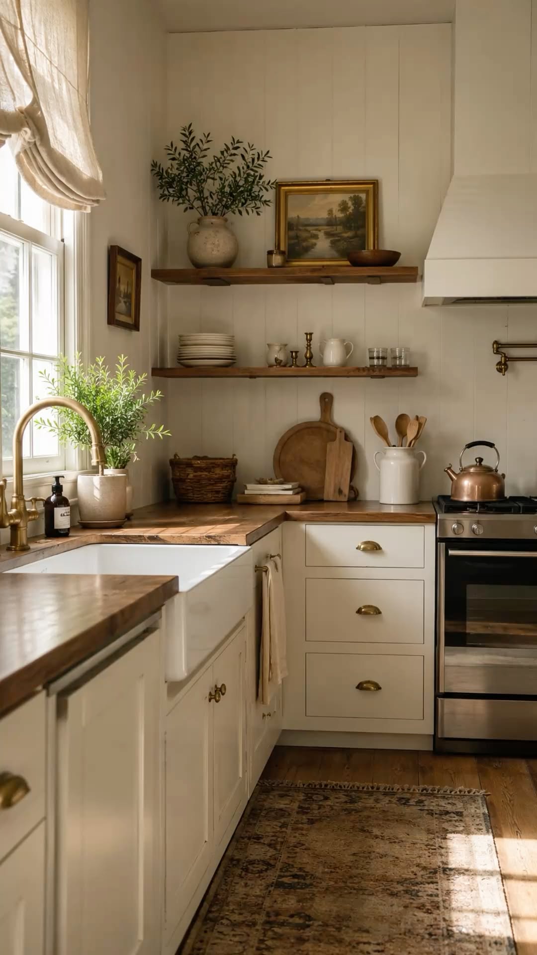 Bright farmhouse kitchen with cream cabinets, wood countertops, a large white sink, and open shelving.