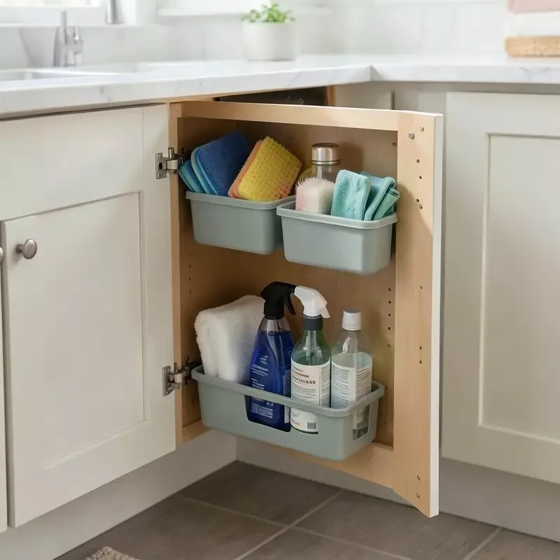 Open kitchen cabinet door with three light green bins attached, holding cleaning sponges, brushes, towels, and spray bottles.