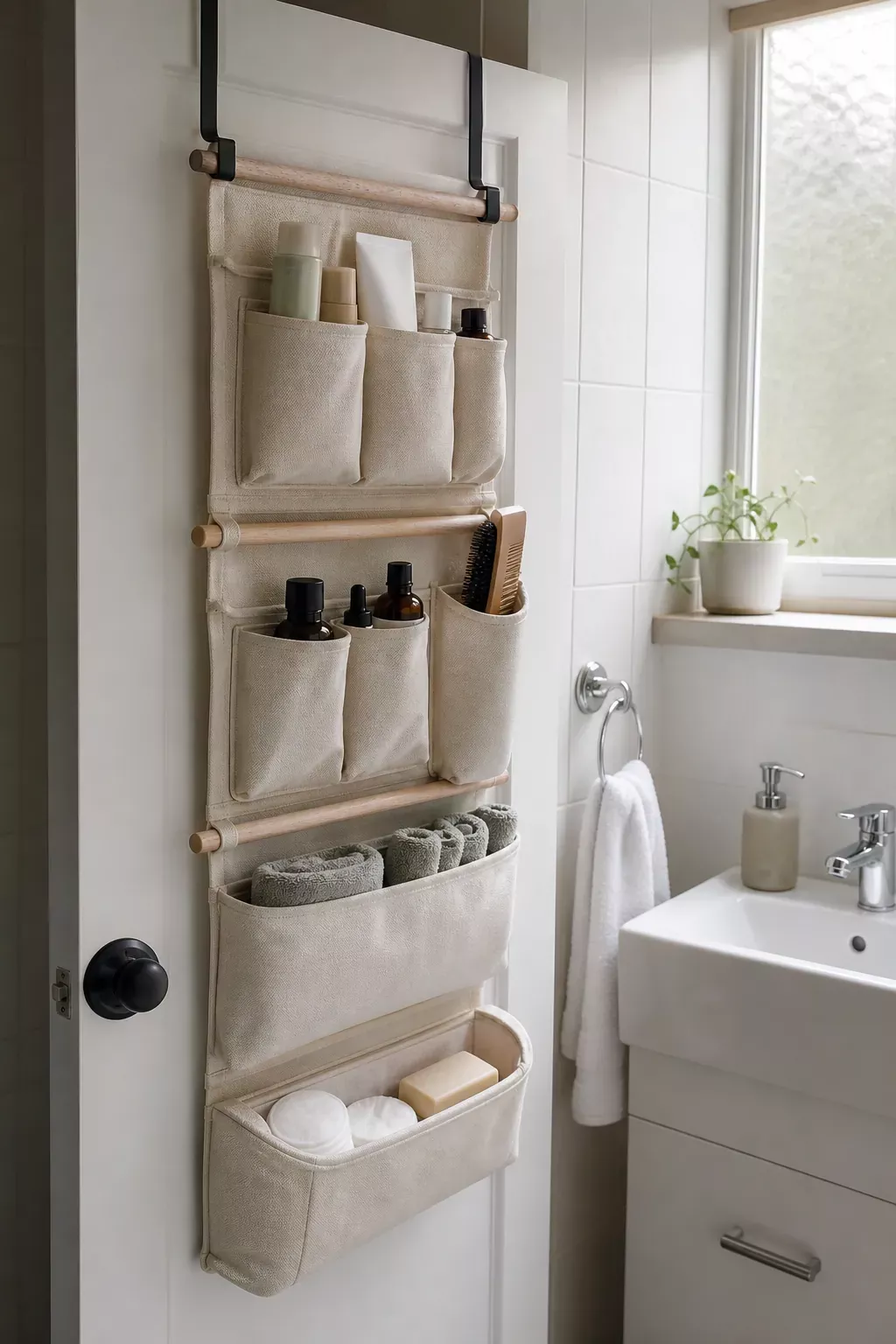 Neutral-colored fabric organizer with multiple pockets hanging over a white bathroom door, filled with various personal care…