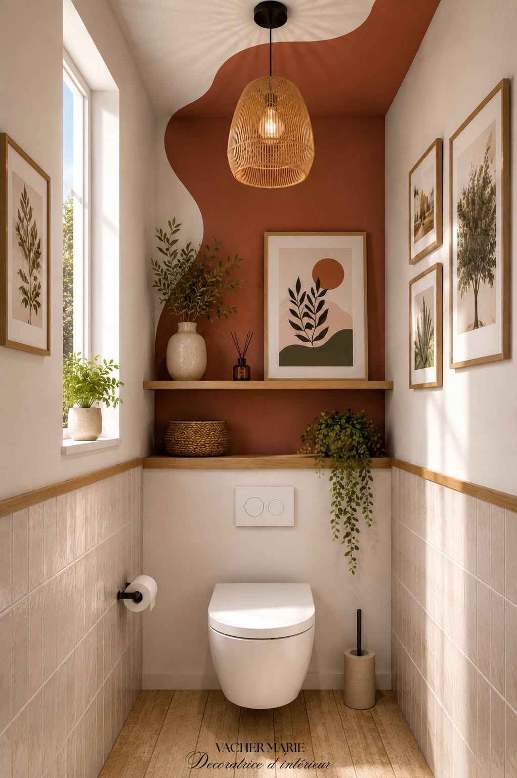 Small bathroom with an accent wall in a warm rust color, decorated with shelves, plants, and framed art above a modern…