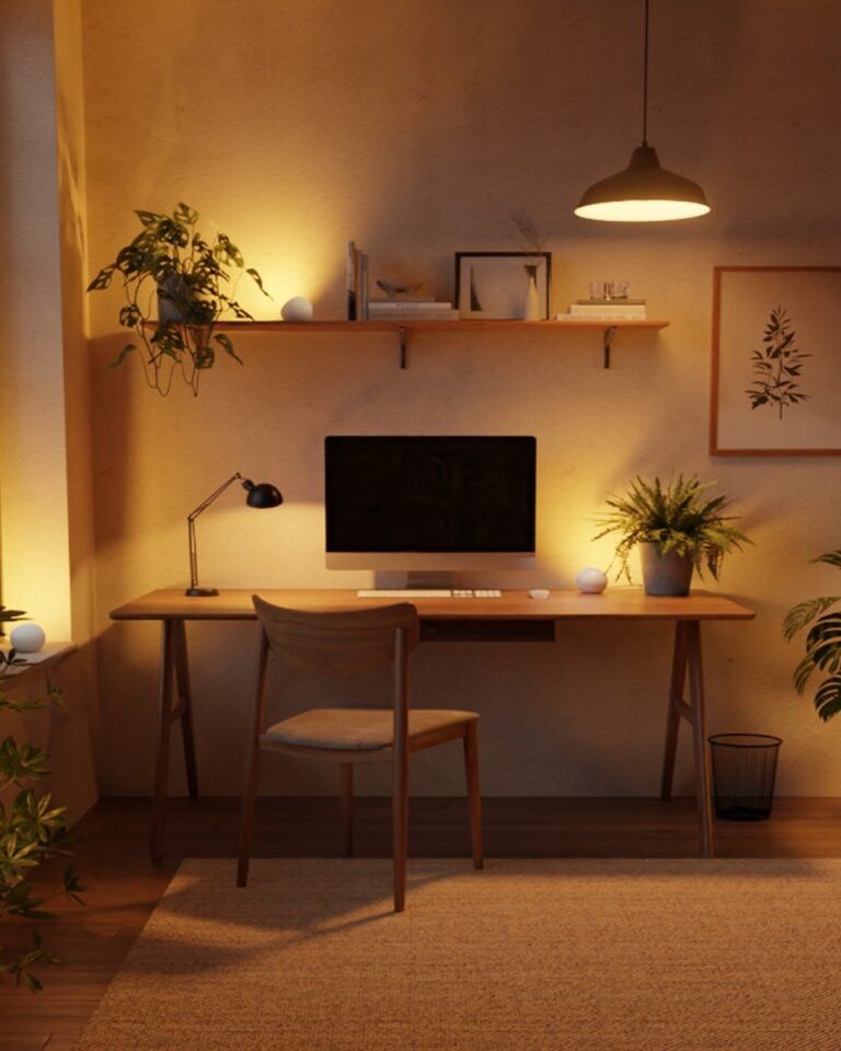 Home office with warm lighting, including a pendant, desk lamp, and accent lights on a shelf and windowsill.