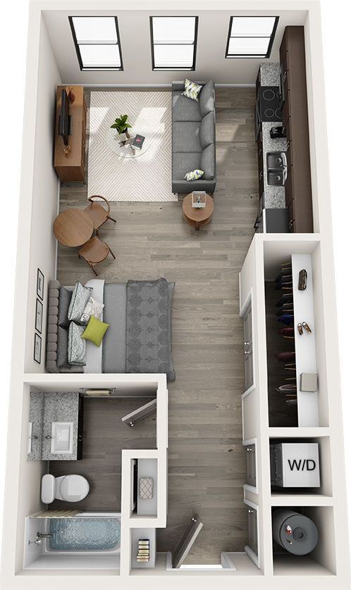 Overhead view of a studio apartment floor plan showing living, dining, sleeping, kitchen, and bathroom areas.