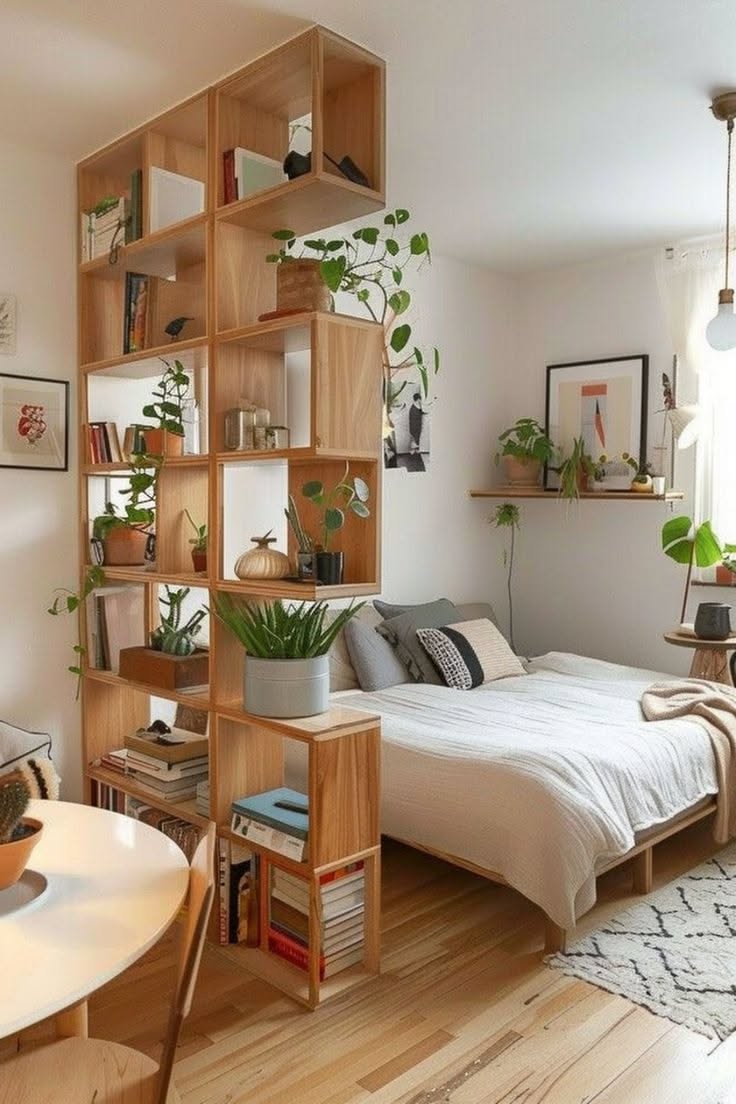 Wood cubby shelving unit acting as a room divider between a bedroom and a dining area in a studio apartment.