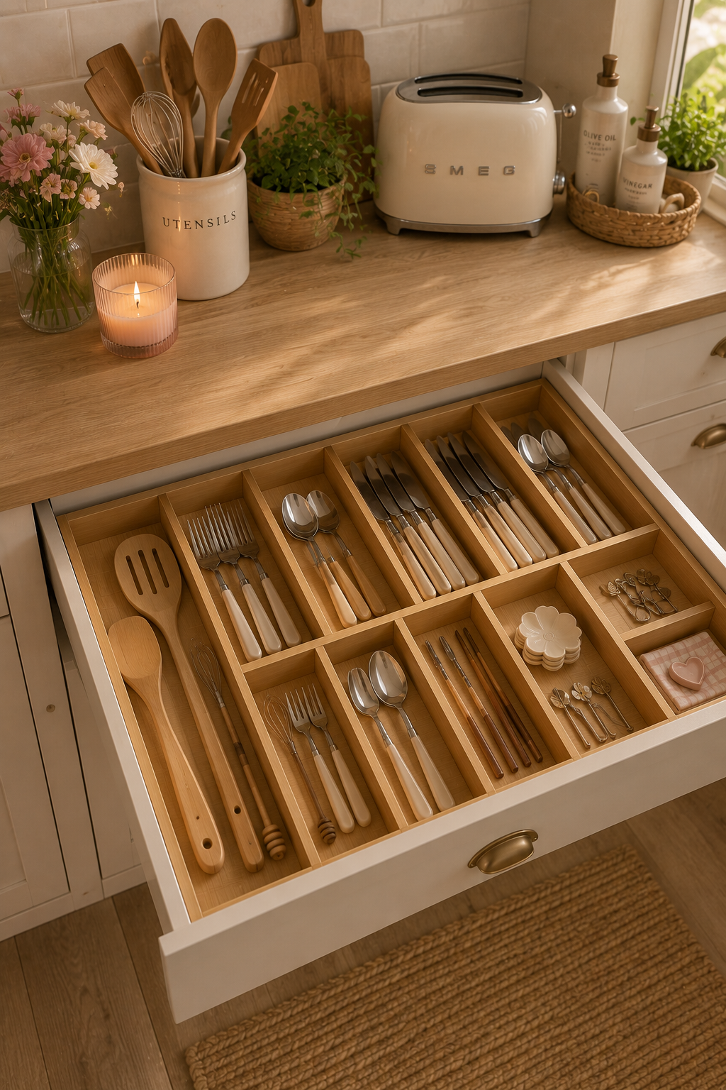 Open kitchen drawer with a wooden organizer holding neatly arranged cutlery and cooking utensils.