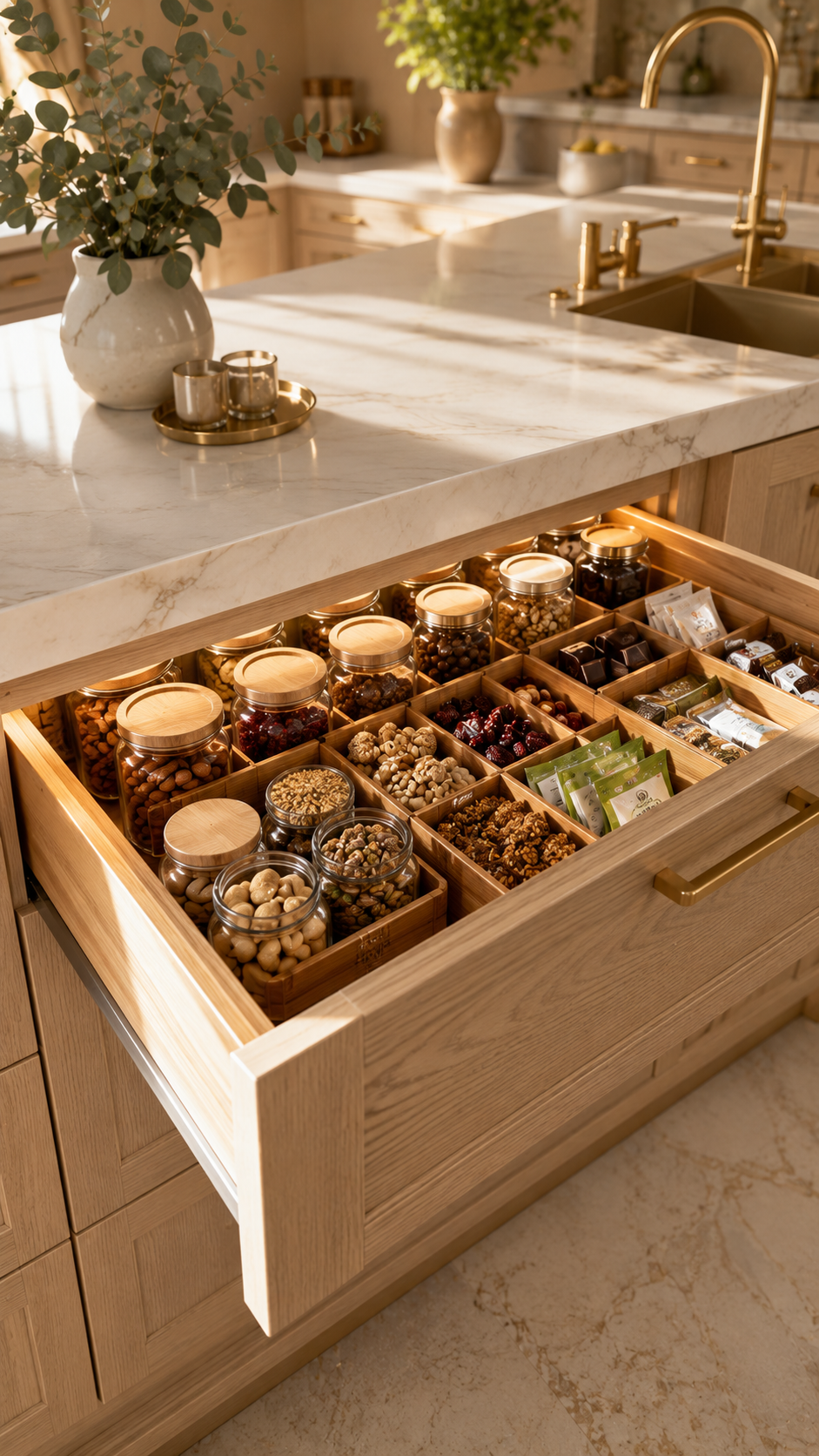 Open kitchen drawer filled with glass jars of nuts, dried fruits, and various snacks, neatly organized in wooden dividers.