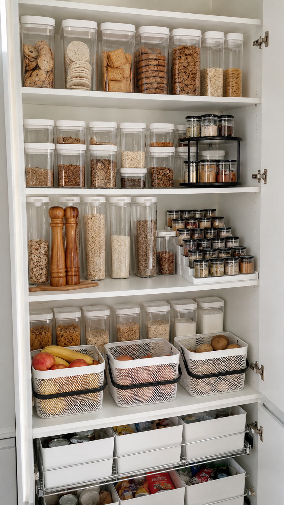 White pantry shelves filled with clear square and cylindrical containers of dry goods, spice jars, and white mesh baskets of…