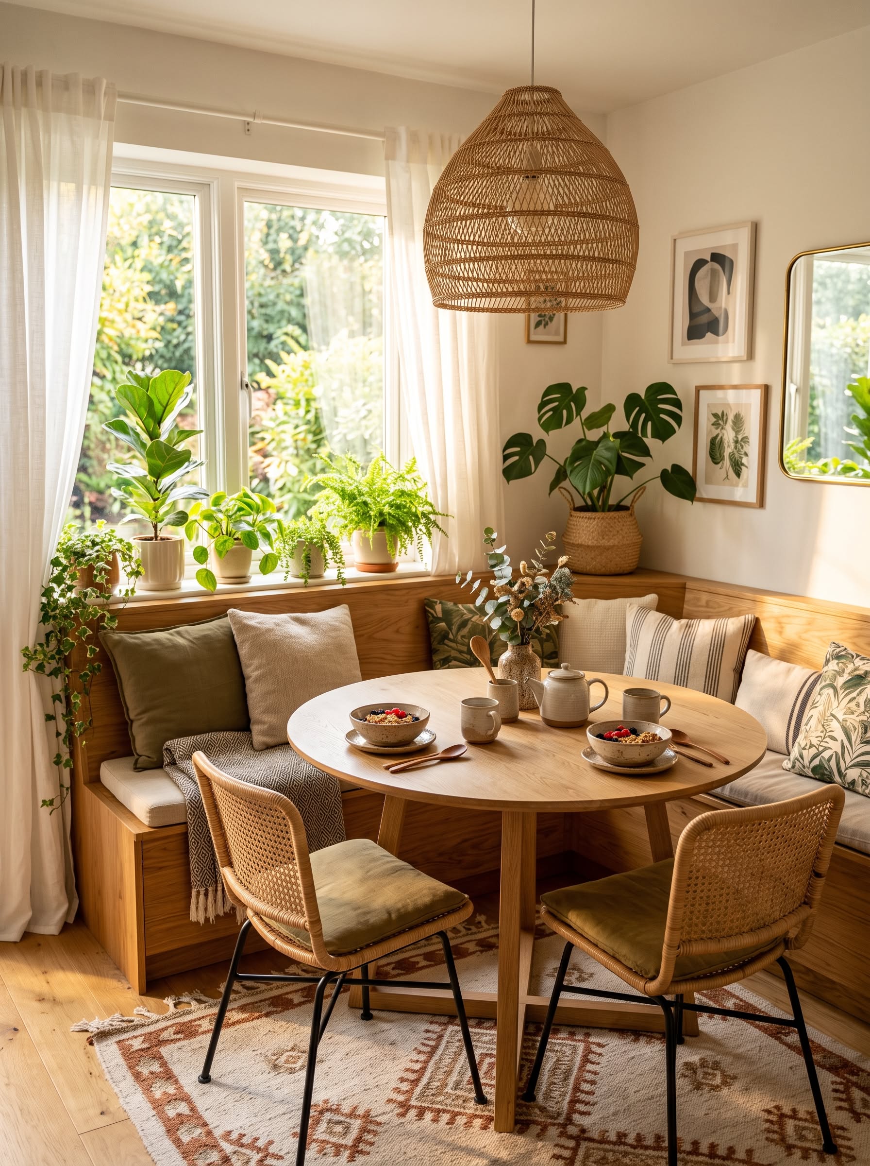 Cozy dining nook with a light wood built-in banquette bench, round table, woven chairs, and potted plants.