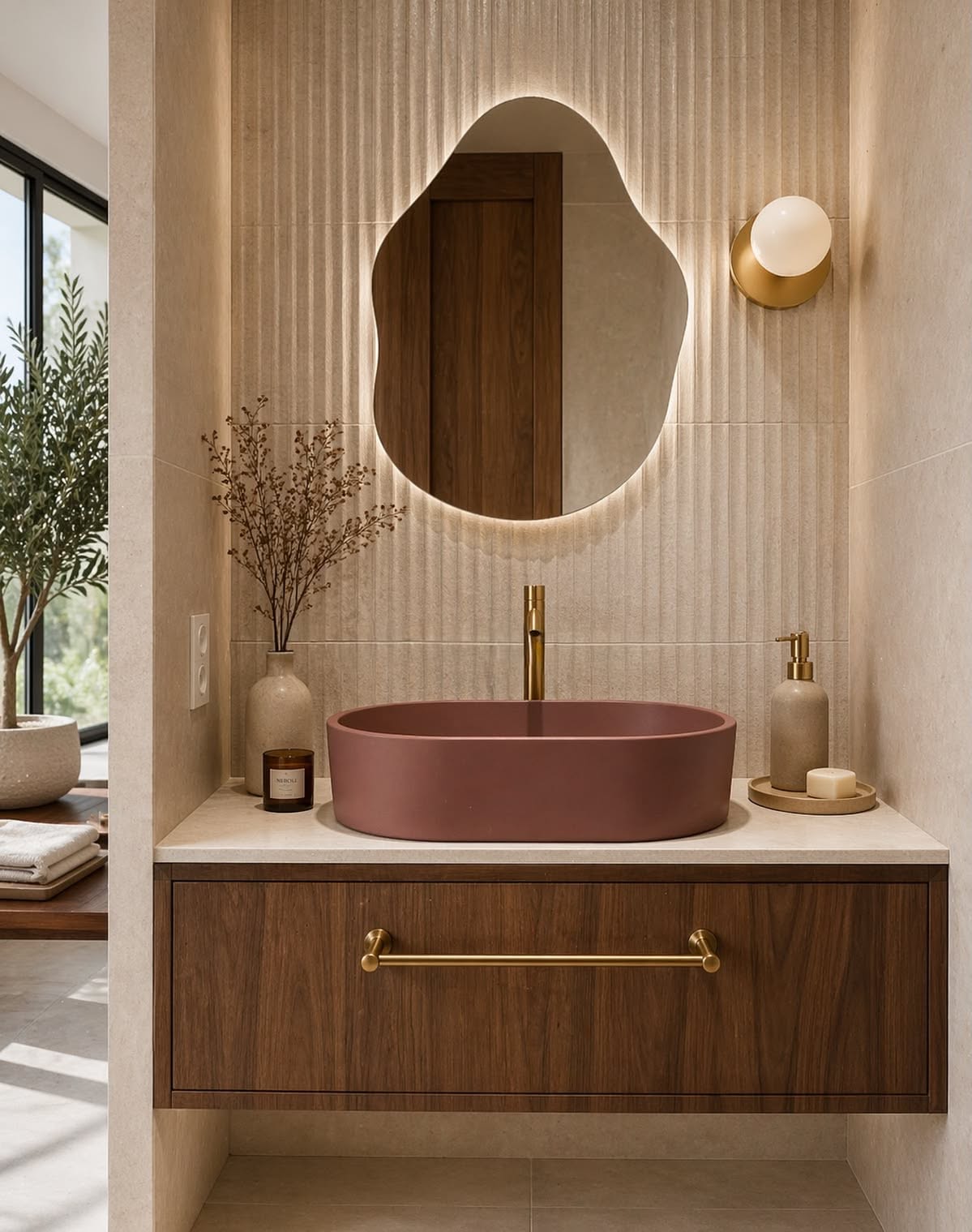 A bathroom vanity with a dark wood floating cabinet and a dusty rose oval vessel sink. A backlit mirror hangs above.