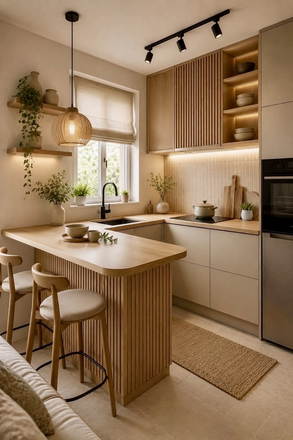 Small kitchen island with a light wood countertop and slatted base, featuring two bar stools for seating.