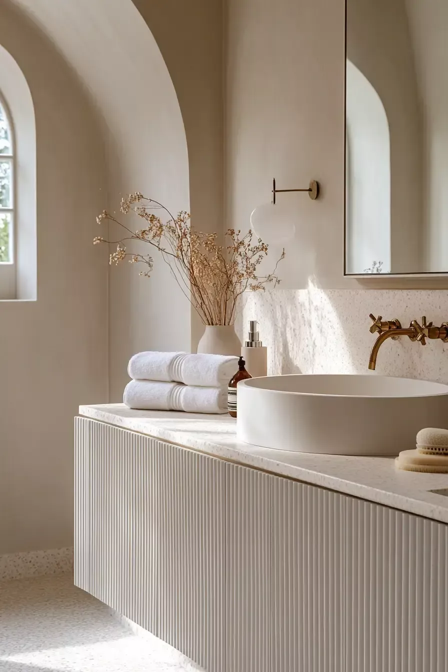 A modern bathroom vanity with a fluted cabinet face, a vessel sink, and brass fixtures.
