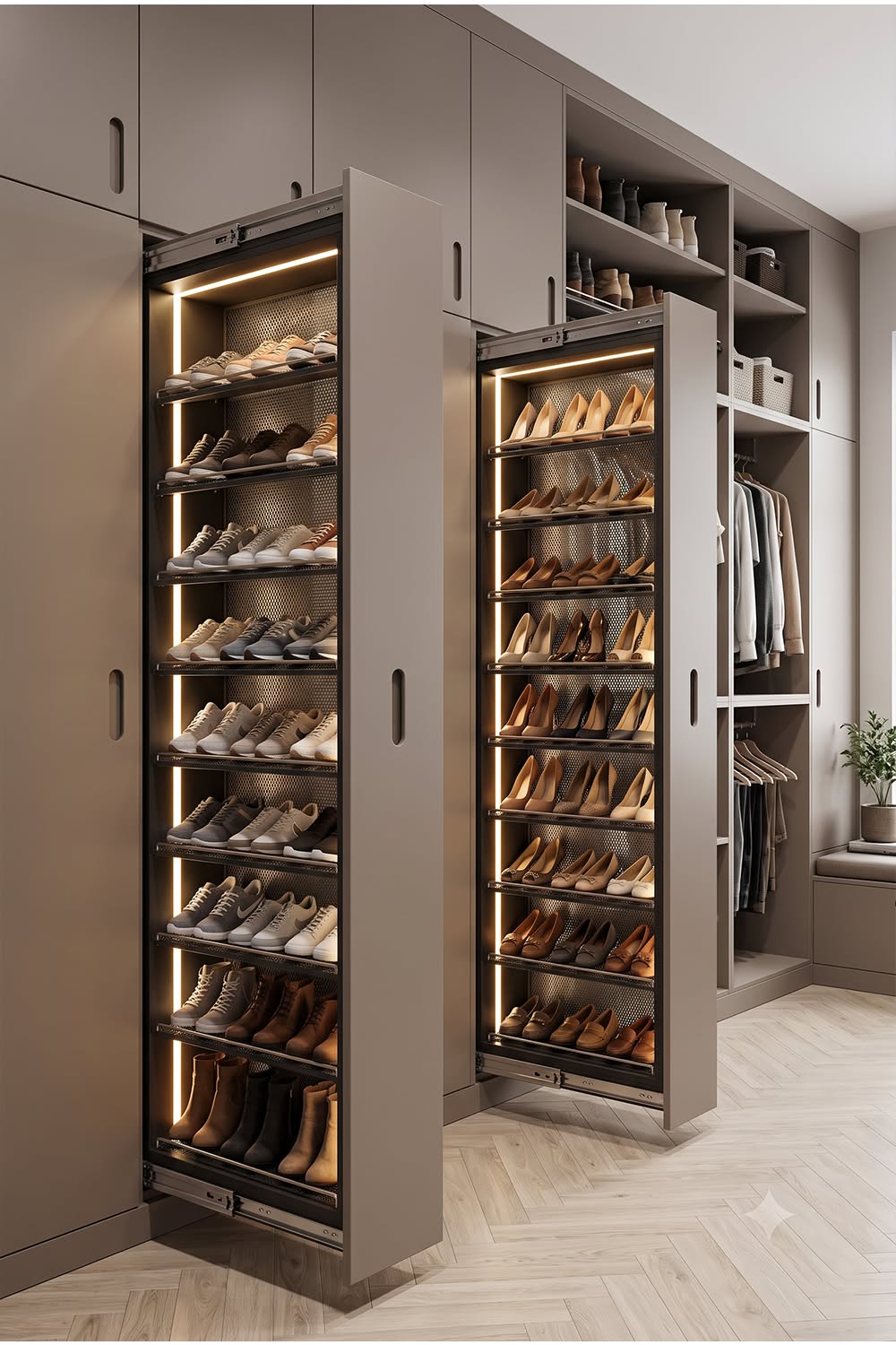 Two tall, narrow closet organizers with shelves full of shoes, pulled out from a larger built-in wardrobe.