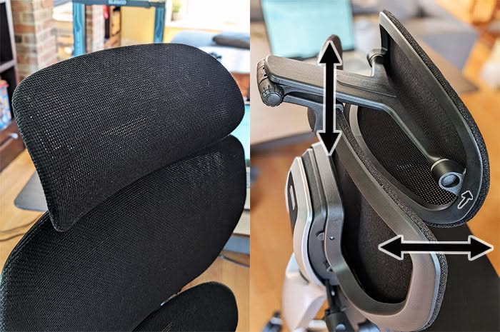 Close-up of a black mesh office chair headrest showing vertical and horizontal adjustment arrows.