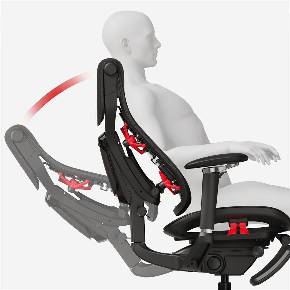 Side view of an office chair backrest with red mechanical components, demonstrating its recline motion with an outline of a…