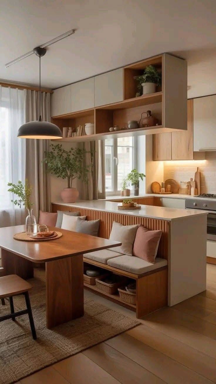 Kitchen island with attached wooden bench seating and a dining table; overhead shelves and pendant light visible.