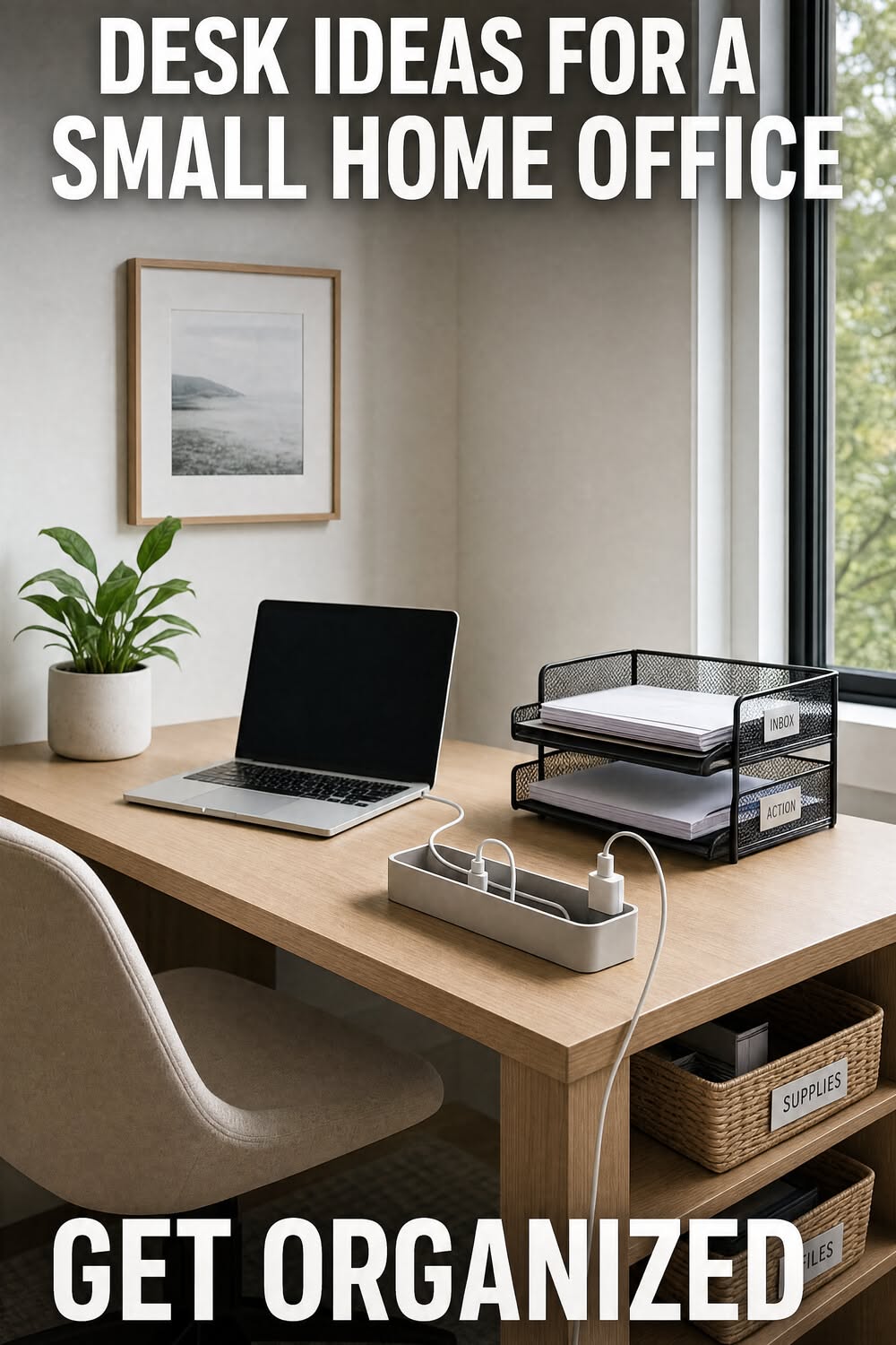 Laptop on a wooden desk with a grey charging station organizing white cables and adapters.