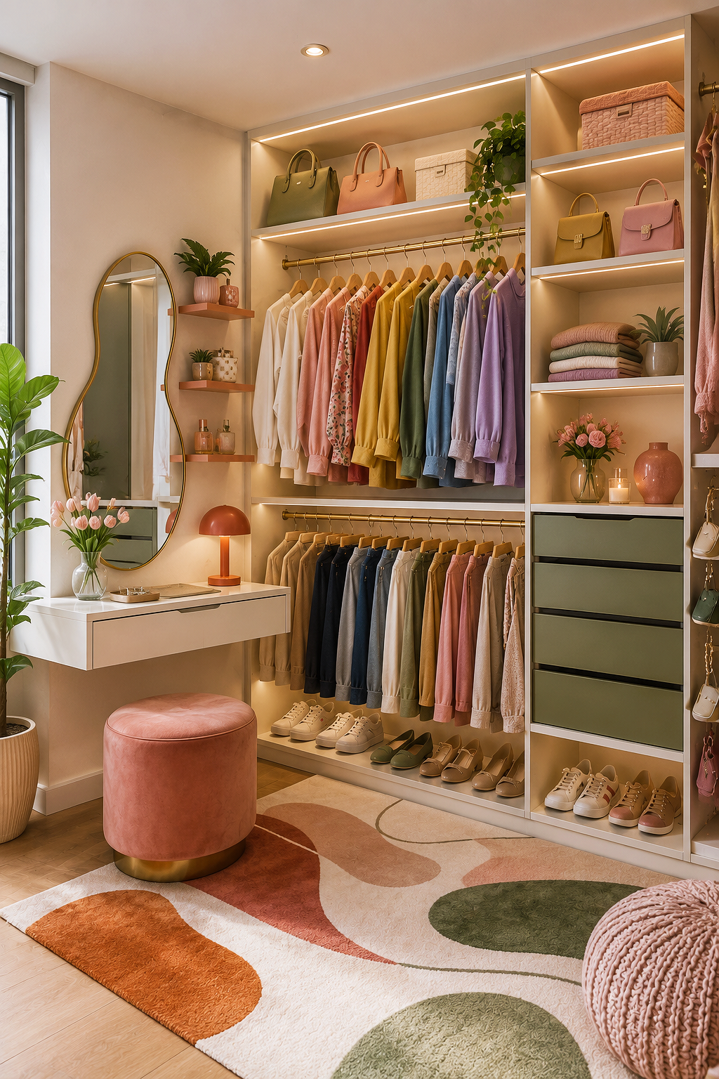 Walk-in closet with integrated white floating vanity, gold mirror, pink stool, and shelves with cosmetics and plants.
