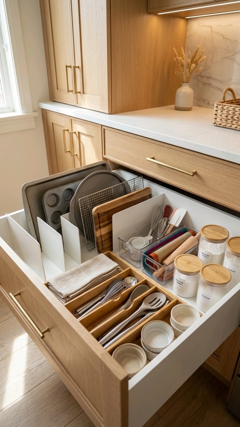 An open kitchen drawer organized with vertical dividers for baking sheets, cutting boards, and clear jars of baking…