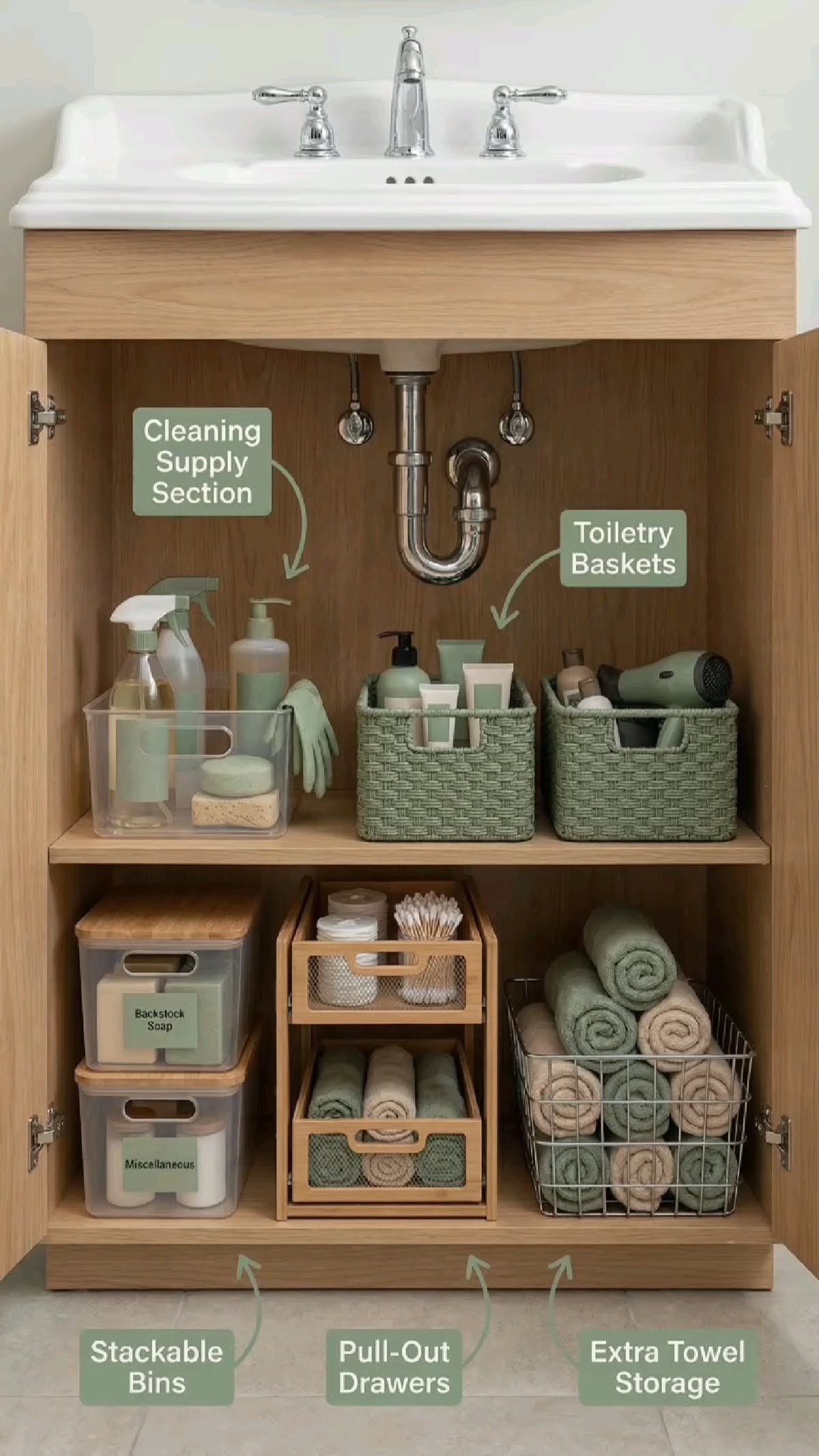 An open bathroom cabinet under a sink, showing various organizers including bins, baskets, and pull-out drawers.
