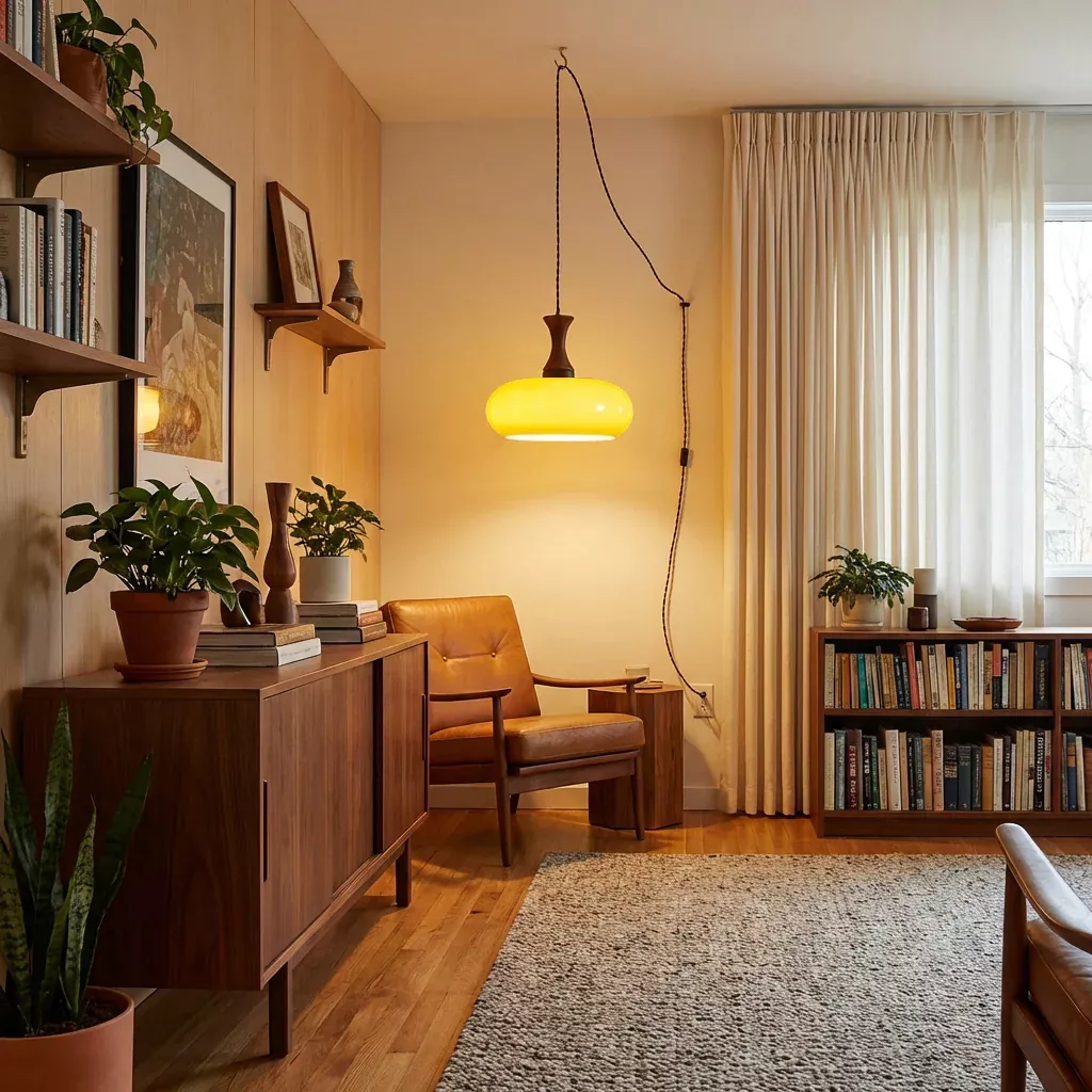 A warm, yellow plug-in pendant light hangs over a cozy living room with wooden furniture and plants.