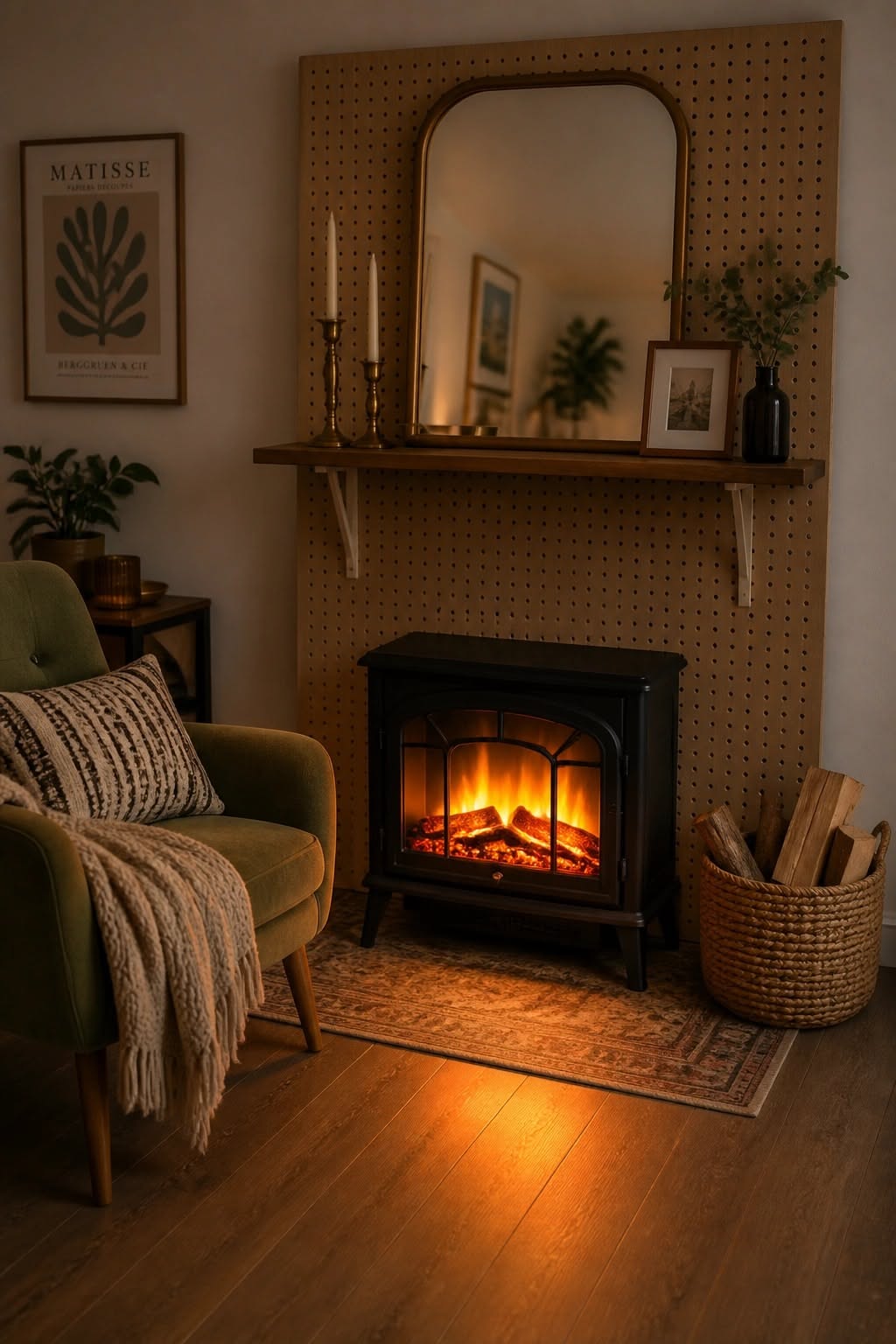 A freestanding electric fireplace in a living room, with a soft green armchair to the left and a basket of logs to the right.
