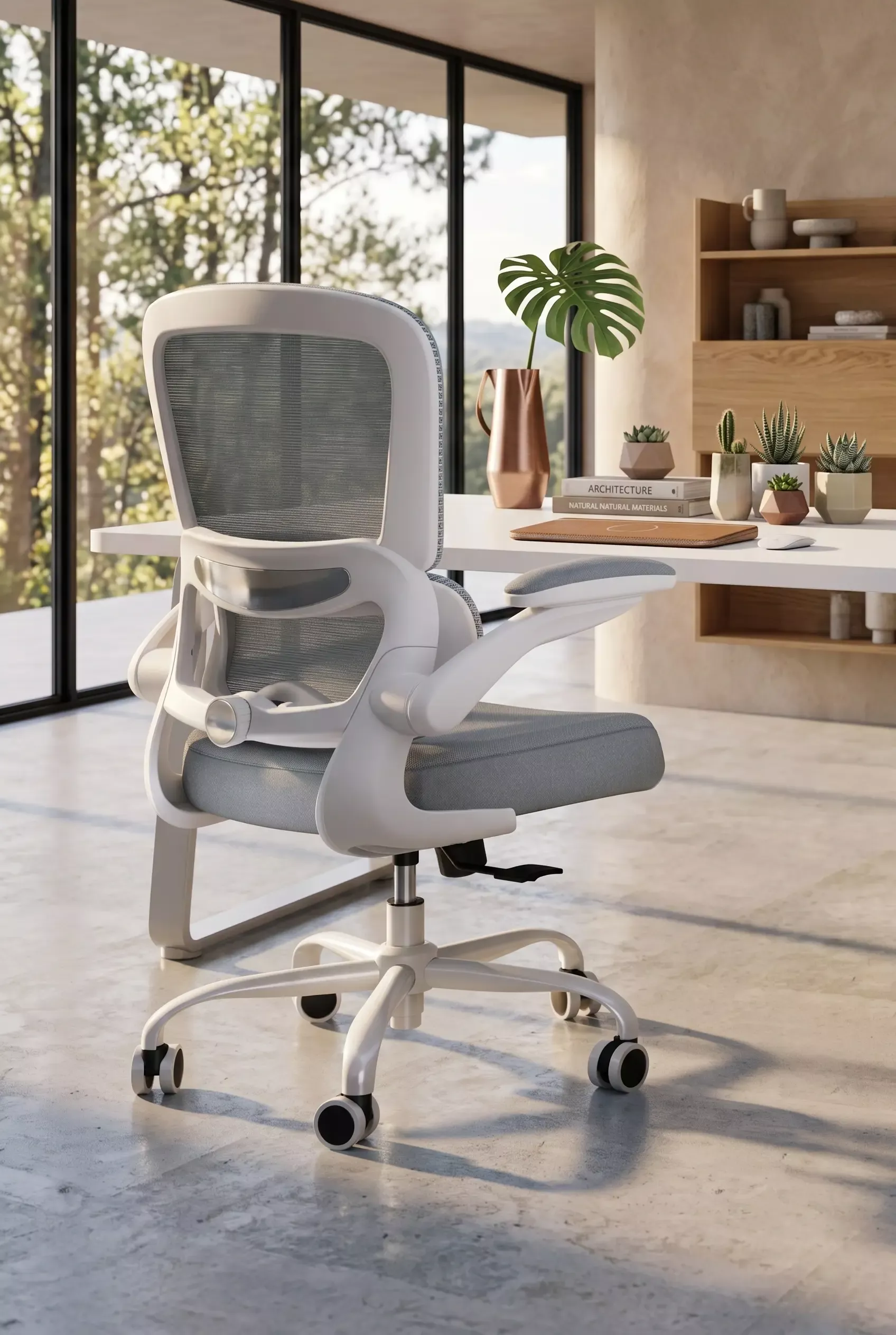 White and gray ergonomic office chair with a mesh back and adjustable armrests in a bright office space.