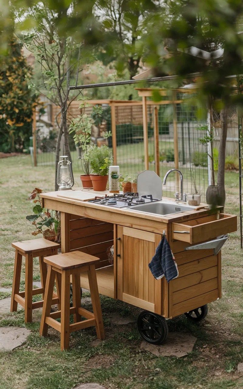 Wooden outdoor kitchen cart with gas burners, sink, faucet, and small wheels, alongside two wooden stools in a garden.