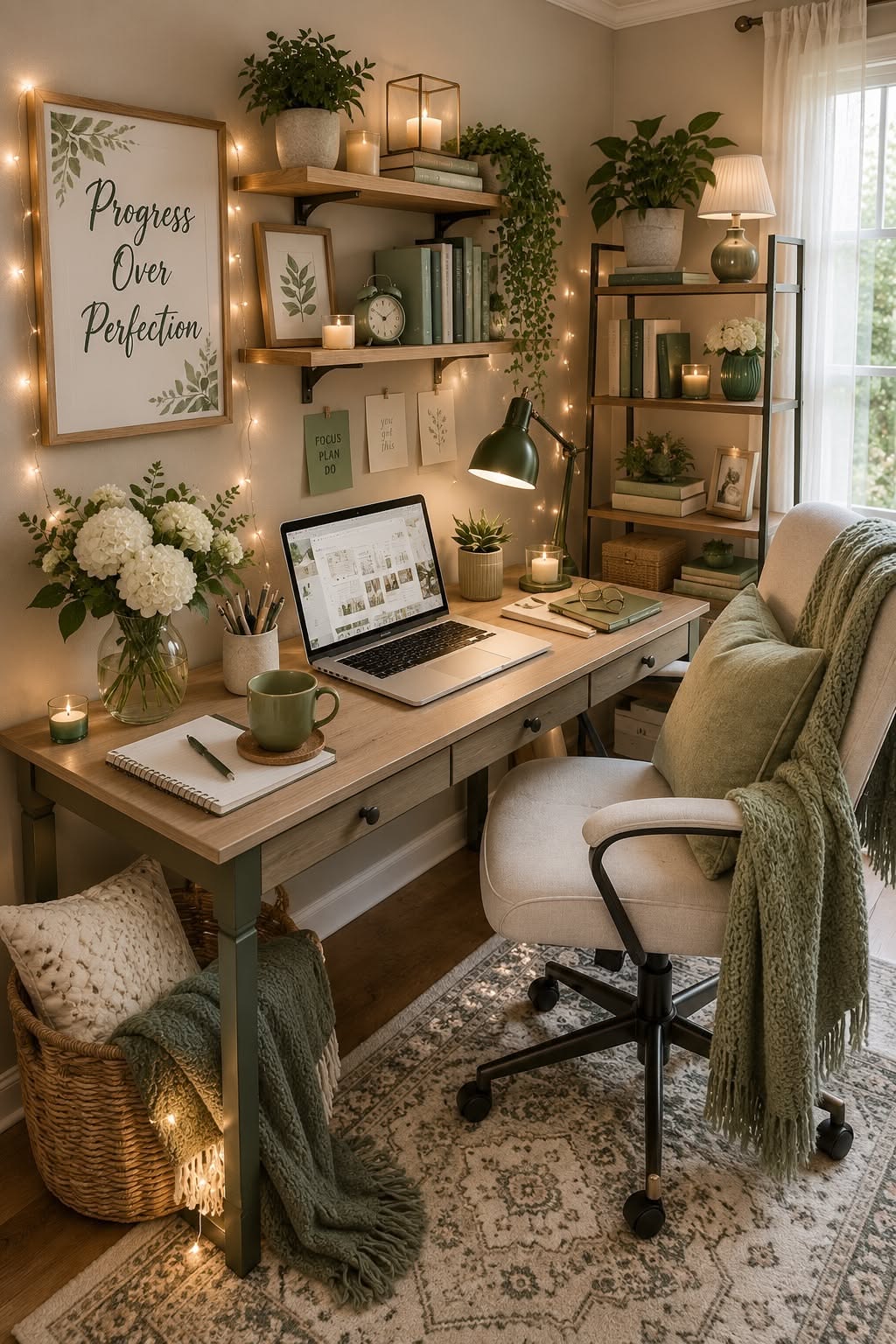 Home office with light wood desk, cream chair, shelves, and various green plants and decorative items.