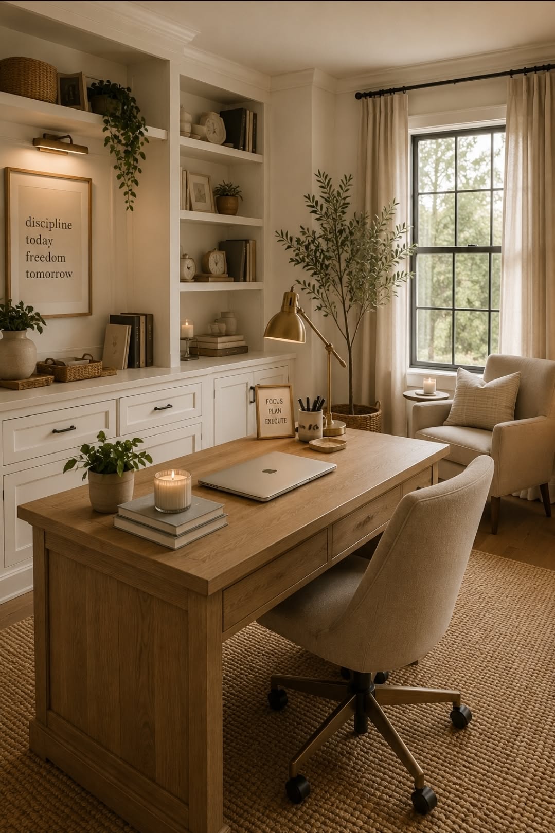 Neutral-toned home office with a wooden desk, beige office chair, shelves, and a large window overlooking trees.