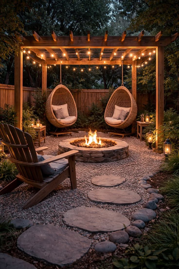 Fire pit area with string lights, two wicker hanging chairs, an Adirondack chair, and stepping stones on a gravel ground.