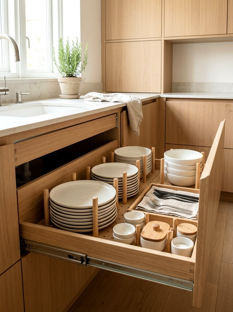 An open kitchen drawer organized with a wooden pegboard system. Stacks of white plates and bowls are neatly held in place by…